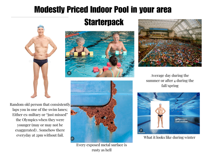 Modestly Priced Indoor Pool in your area Starterpack dreamstime. G Random old person that consistently laps you in one of the swim lanes; Either ex-miltary or "just missed" the Olympics when they were younger (may or may not be exaggerated). Somehow there everyday at 2pm without fail. Every exposed metal surface is rusty as hell Average day during the summer or after 4 during the fall/spring 1825000760 gettyimages Credit: onurdongel What it looks like during winter