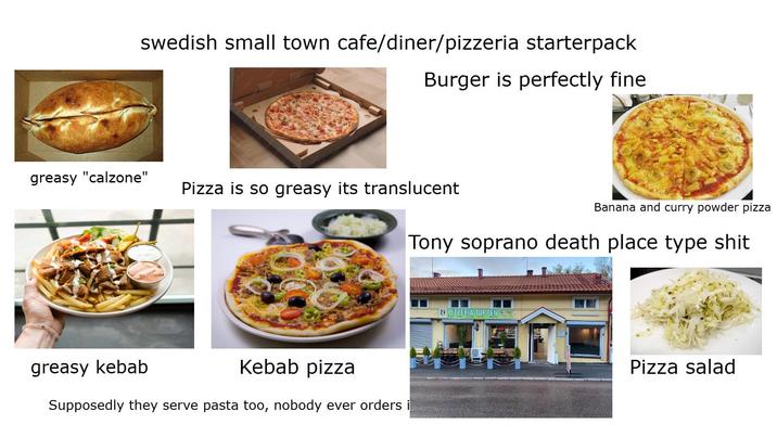 swedish small town cafe/diner/pizzeria starterpack Burger is perfectly fine greasy "calzone" Pizza is so greasy its translucent Banana and curry powder pizza Tony soprano death place type s--- greasy kebab Kebab pizza Supposedly they serve pasta too, nobody ever orders i PIZZERIA TUPPEN Pizza salad