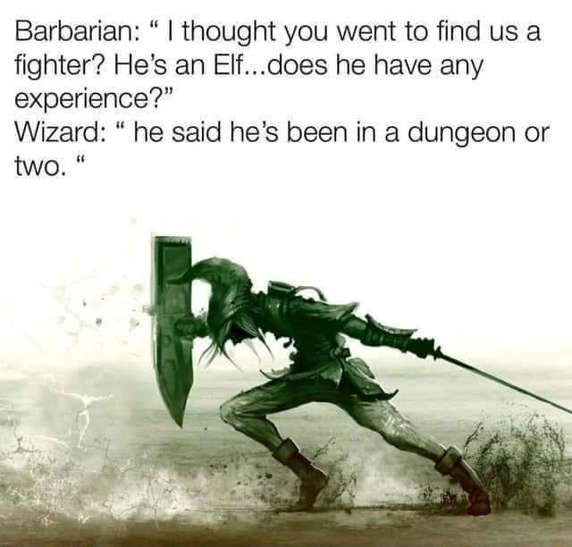 Barbarian: "I thought you went to find us a fighter? He's an Elf...does he have any experience?" Wizard: "he said he's been in a dungeon or two."