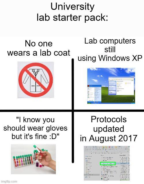 University lab starter pack: No one wears a lab coat Lab computers still using Windows XP "I know you should wear gloves but it's fine :D" Protocols updated in August 2017 imgflip.com