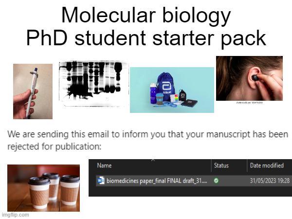 Molecular biology PhD student starter pack 10 Abbott We are sending this email to inform you that your manuscript has been rejected for publication: imgflip.com Name Status Date modified wbiomedicines paper_final FINAL draft_31.... 31/05/2023 19:28