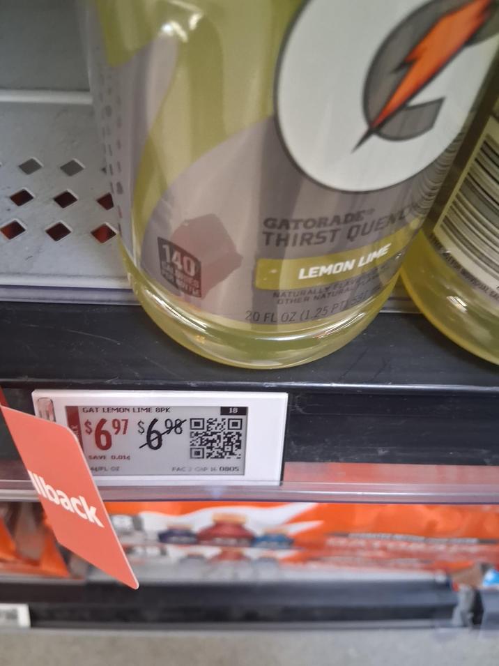 140 CALVES GATORADE THIRST QUEND LEMON LIME NATURALLY PLAYE OTHER NATURAL 20 FL OZ (1.25 PT591 18 GAT LEMON LIME BPK $6.97 $6.98 SAVE 0.014 44/FL OZ Mback FAC 2 CAP 16 0805 FOR INDIVIDUAL SA