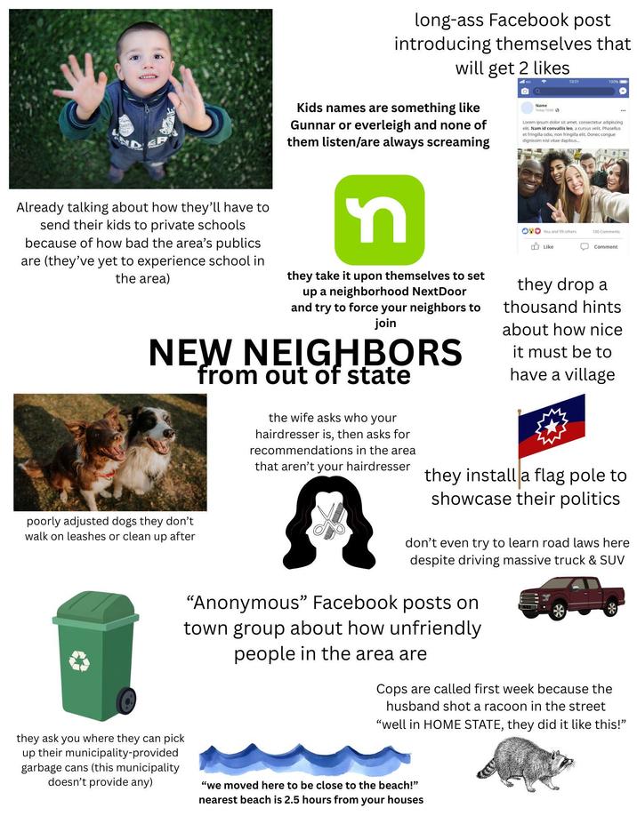 1968 ER long-ass Facebook post introducing themselves that will get 2 likes Kids names are something like Gunnar or everleigh and none of them listen/are always screaming a Name Today 10:00 10:01 100% Lorem ipsum dolor sit amet, consectetur adipiscing. elit. Nam id convallis leo, a cursus velit. Phasellus et fringilla odio, non fringilla elit. Donec congue dignissim nisl vitae dapibus.... Already talking about how they'll have to send their kids to private schools because of how bad the area's publics are (they've yet to experience school in the area) n they take it upon themselves to set up a neighborhood Next Door and try to force your neighbors to join NEW NEIGHBORS from out of state poorly adjusted dogs they don't walk on leashes or clean up after the wife asks who your hairdresser is, then asks for recommendations in the area that aren't your hairdresser You and 99 others 100 Comments Like Comment they drop a thousand hints about how nice it must be to have a village they install a flag pole to showcase their politics don't even try to learn road laws here despite driving massive truck & SUV "Anonymous" Facebook posts on town group about how unfriendly people in the area are Cops are called first week because the husband shot a racoon in the street "well in HOME STATE, they did it like this!" they ask you where they can pick up their municipality-provided garbage cans (this municipality doesn't provide any) "we moved here to be close to the beach!" nearest beach is 2.5 hours from your houses