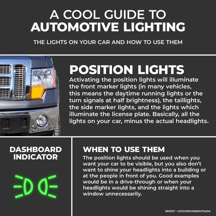 A COOL GUIDE TO AUTOMOTIVE LIGHTING THE LIGHTS ON YOUR CAR AND HOW TO USE THEM POSITION LIGHTS Activating the position lights will illuminate the front marker lights (in many vehicles, this means the daytime running lights or the turn signals at half brightness), the taillights, the side marker lights, and the lights which illuminate the license plate. Basically, all the lights on your car, minus the actual headlights. DASHBOARD INDICATOR ED OE WHEN TO USE THEM The position lights should be used when you want your car to be visible, but you also don't want to shine your headlights into a building or at the people in front of you. Good examples would be in a drive-through or when your headlights would be shining straight into a window unnecessarily. REDDIT ⚫ U/GOODEVENINGITSASA