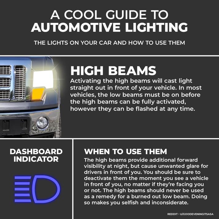 A COOL GUIDE TO AUTOMOTIVE LIGHTING THE LIGHTS ON YOUR CAR AND HOW TO USE THEM HIGH BEAMS Activating the high beams will cast light straight out in front of your vehicle. In most vehicles, the low beams must be on before the high beams can be fully activated, however they can be flashed at any time. DASHBOARD INDICATOR ED WHEN TO USE THEM The high beams provide additional forward visibility at night, but cause unwanted glare for drivers in front of you. You should be sure to deactivate them the moment you see a vehicle in front of you, no matter if they're facing you or not. The high beams should never be used as a remedy for a burned out low beam. Doing so makes you selfish and inconsiderate. REDDIT U/GOODEVENINGITSASA