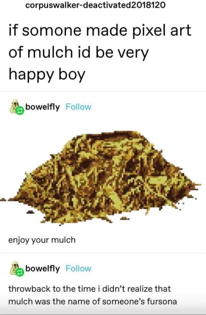 corpuswalker-deactivated2018120 if somone made pixel art of mulch id be very happy boy bowelfly Follow enjoy your mulch bowelfly Follow throwback to the time i didn't realize that mulch was the name of someone's fursona