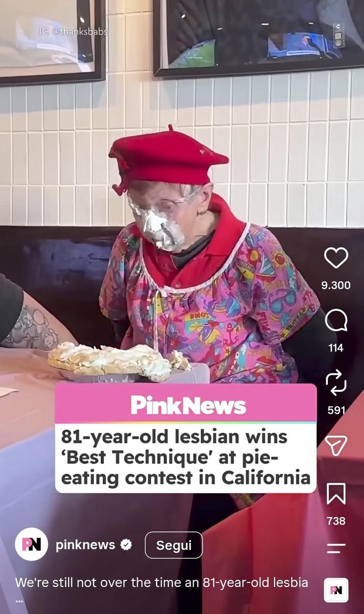 IG @thanksbabs MOS Tants 9.300 114 Pink News 81-year-old lesbian wins 'Best Technique' at pie- eating contest in California 591 ☑ ☐ 738 PN pinknews ☑ Segui We're still not over the time an 81-year-old lesbia PN