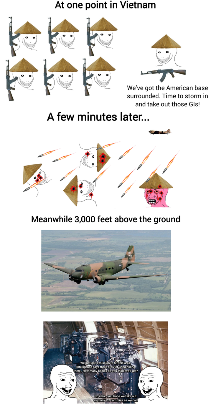 At one point in Vietnam FFF We've got the American base surrounded. Time to storm in and take out those Gls! A few minutes later... Meanwhile 3,000 feet above the ground EL 770 We just got a mission to hit this area. Intelligence says there are Viet Cong hiding there, How many bodies do you think we'll get? No idea. Just hope we take out as many VC commies as we can