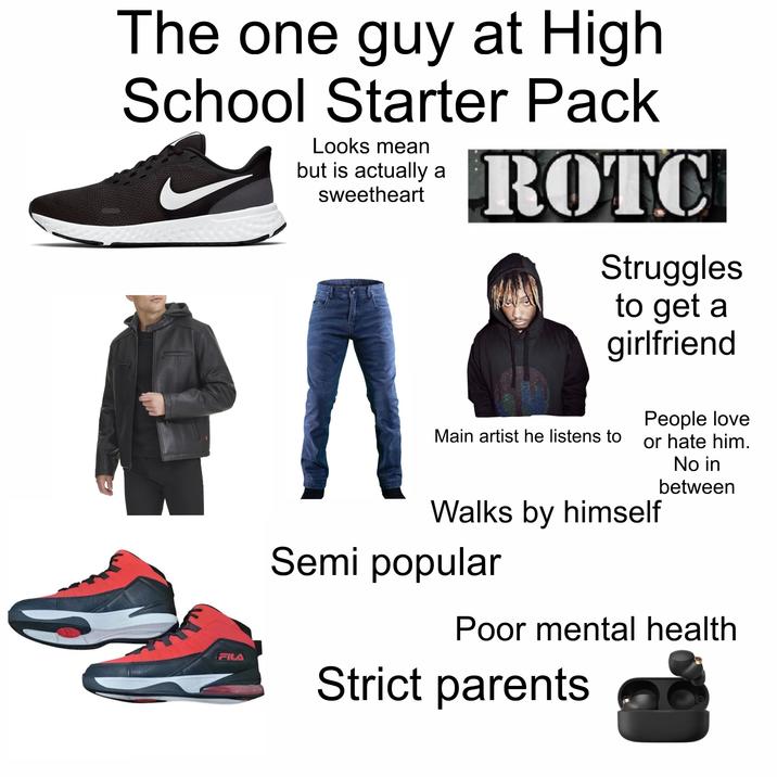 The one guy at High School Starter Pack FILA Looks mean but is actually a sweetheart ROTC Struggles to get a girlfriend Main artist he listens to People love or hate him. Walks by himself Semi popular No in between Poor mental health Strict parents