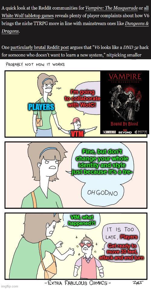A quick look at the Reddit communities for Vampire: The Masquerade or all White Wolf tabletop games reveals plenty of player complaints about how V6 brings the niche TTRPG more in line with mainstream ones like Dungeons & Dragons. One particularly brutal Reddit post argues that "V6 looks like a DND 5e hack for someone who doesn't want to learn a new system," nitpicking smaller PROBABLY NOT HOW IT WORKS VAMPIRE THE HASQUERADE UGH PLAYERS I'm going to collaborate with WotC! Bound By Blood קים WHITE WOLF BEYOND Fine, but don't change your whole identity and style just because it's a tre- OH GODNO VtM, what happened?! IT IS Too LATE, Players Get ready to move 30 feet attack and end turn -EXTRA FABULOUS COMICS - 245 imgflip.com