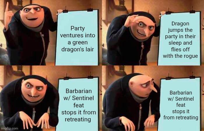 imgflip.com Party ventures into a green dragon's lair Dragon jumps the party in their sleep and flies off with the rogue Barbarian w/ Sentinel feat stops it from retreating Barbarian w/ Sentinel feat stops it from retreating
