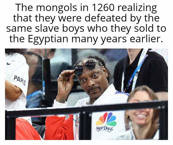 The mongols in 1260 realizing that they were defeated by the same slave boys who they sold to the Egyptian many years earlier. PARIS SNOOP DOGG