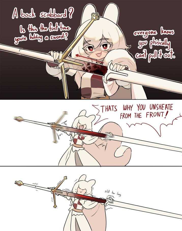 A back scabbard ? Is this the fist time youre holding a sword? evergone knows goo phistally can't pull it out. M THATS WHY YOU UNSHEATE FROM THE FRONT! { still too long