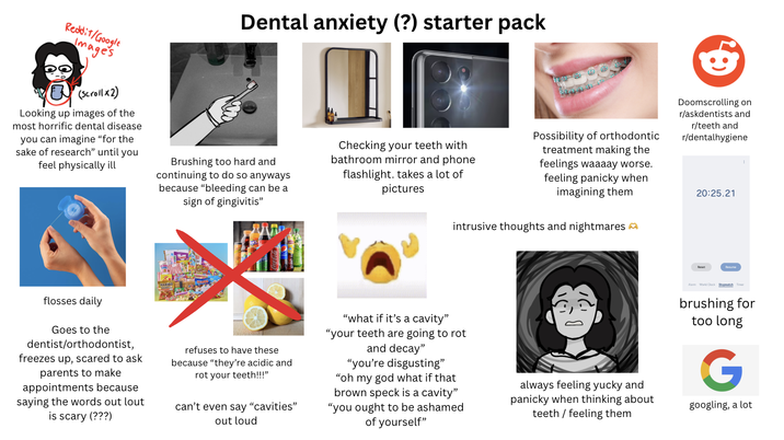 Reddit/Google Images (ScrollX2) Looking up images of the most horrific dental disease you can imagine "for the sake of research" until you feel physically ill Dental anxiety (?) starter pack Brushing too hard and continuing to do so anyways because "bleeding can be a sign of gingivitis" Checking your teeth with bathroom mirror and phone flashlight. takes a lot of pictures Possibility of orthodontic treatment making the feelings waaaay worse. feeling panicky when imagining them intrusive thoughts and nightmares Doomscrolling on r/askdentists and r/teeth and r/dentalhygiene 20:25.21 Resume Stopwatch Timer flosses daily Goes to the dentist/orthodontist, freezes up, scared to ask parents to make appointments because saying the words out lout is scary (???) refuses to have these because "they're acidic and rot your teeth!!!" can't even say "cavities" out loud "what if it's a cavity" "your teeth are going to rot and decay" "you're disgusting" "oh my god what if that brown speck is a cavity" "you ought to be ashamed of yourself" always feeling yucky and panicky when thinking about teeth/feeling them brushing for too long G googling, a lot