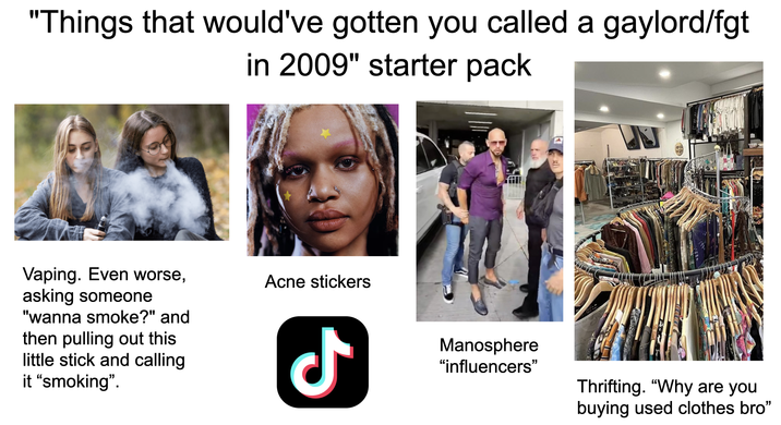 "Things that would've gotten you called a gaylord/fgt in 2009" starter pack Vaping. Even worse, asking someone "wanna smoke?" and then pulling out this little stick and calling. it "smoking". Acne stickers مل Manosphere "influencers" Thrifting. "Why are you buying used clothes bro"
