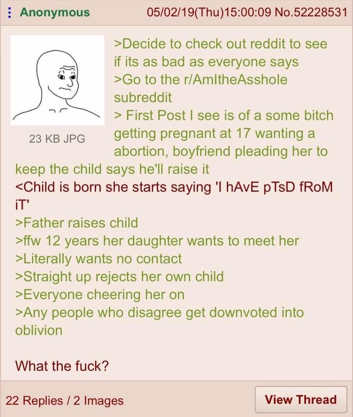 Anonymous 23 KB JPG 05/02/19(Thu)15:00:09 No.52228531 >Decide to check out reddit to see if its as bad as everyone says >Go to the r/AmltheAsshole subreddit > First Post I see is of a some bitch getting pregnant at 17 wanting a abortion, boyfriend pleading her to keep the child says he'll raise it <Child is born she starts saying 'I hAvE PTSD fROM IT' >Father raises child >ffw 12 years her daughter wants to meet her >Literally wants no contact >Straight up rejects her own child >Everyone cheering her on >Any people who disagree get downvoted into oblivion What the f---? 22 Replies/2 Images View Thread