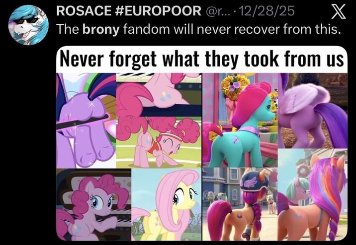 ROSACE #EUROPOOR @r... 12/28/25 • X The brony fandom will never recover from this. Never forget what they took from us