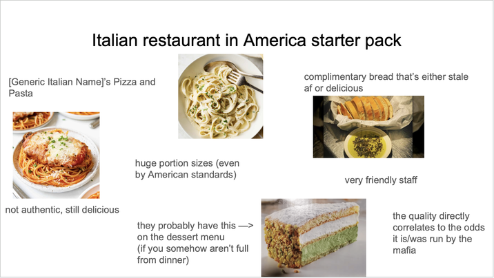Italian restaurant in America starter pack [Generic Italian Name]'s Pizza and Pasta complimentary bread that's either stale af or delicious huge portion sizes (even by American standards) very friendly staff not authentic, still delicious they probably have this -> on the dessert menu (if you somehow aren't full from dinner) the quality directly correlates to the odds it is/was run by the mafia