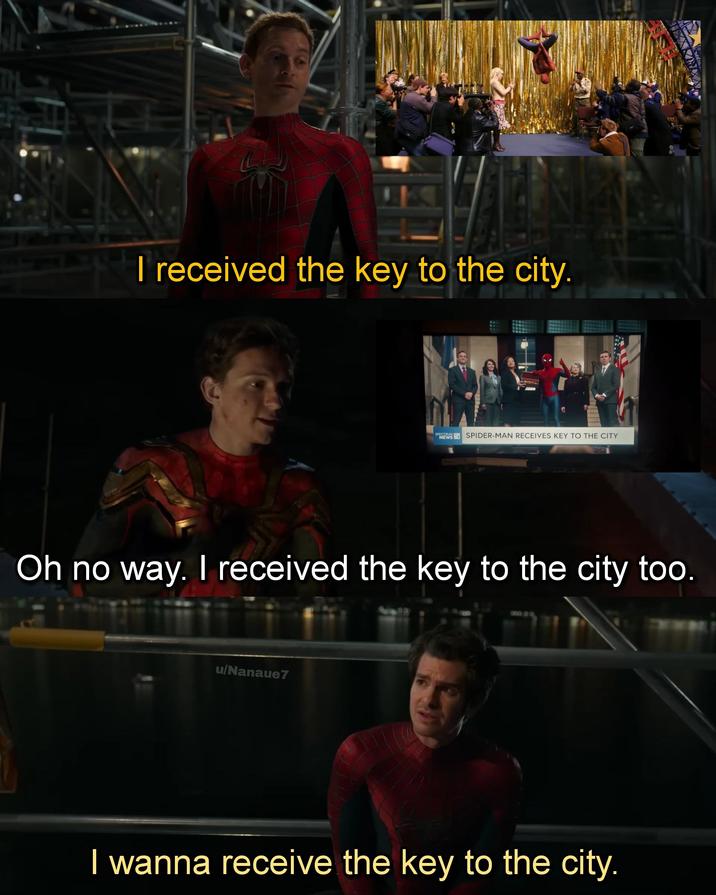 I received the key to the city. SPECTRUM SPECES SPIDER-MAN RECEIVES KEY TO THE CITY Oh no way. I received the key to the city too. u/Nanaue7 I wanna receive the key to the city.