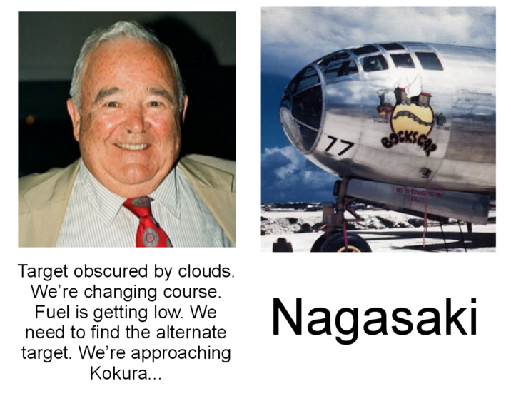77 SCOP NO SPERING WITHIN KAFT Target obscured by clouds. We're changing course. Fuel is getting low. We need to find the alternate target. We're approaching Kokura... Nagasaki