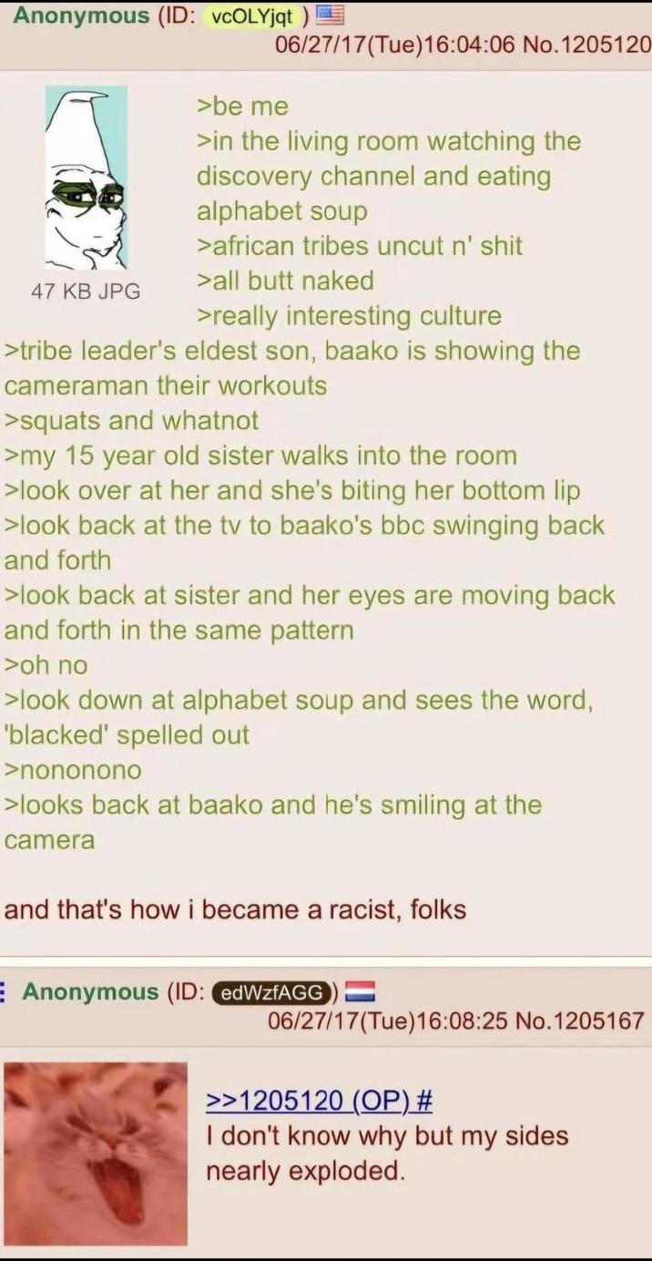 Anonymous (ID: vCOLYjqt) 06/27/17(Tue)16:04:06 No.1205120 47 KB JPG >be me >in the living room watching the discovery channel and eating alphabet soup >african tribes uncut n' s--- >all butt naked >really interesting culture >tribe leader's eldest son, baako is showing the cameraman their workouts >squats and whatnot >my 15 year old sister walks into the room >look over at her and she's biting her bottom lip >look back at the tv to baako's bbc swinging back and forth >look back at sister and her eyes are moving back and forth in the same pattern >oh no >look down at alphabet soup and sees the word, 'blacked' spelled out >nononono >looks back at baako and he's smiling at the camera and that's how i became a racist, folks E Anonymous (ID: edWzfAGG 06/27/17(Tue)16:08:25 No.1205167 >>1205120 (OP) # I don't know why but my sides nearly exploded.