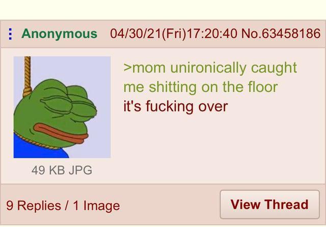 Anonymous 04/30/21(Fri)17:20:40 No.63458186 >mom unironically caught me s------- on the floor it's f------ over 49 KB JPG 9 Replies 1 Image View Thread