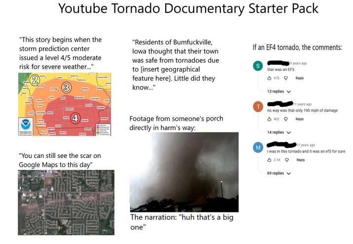 Youtube Tornado Documentary Starter Pack "This story begins when the storm prediction center issued a level 4/5 moderate risk for severe weather..." Vermillion Sioux City Wayne (2) Spencer ° Algona Storm Lake Fort Dodge 3 ° Mason City Charles City ° Prairie du Chien Dubuque Waterloo Plattevi "Residents of Bumfuckville, Iowa thought that their town was safe from tornadoes due to [insert geographical feature here]. Little did they know...' If an EF4 tornado, the comments: S 9 years ago that was an EF5 470 13 replies ✓ Reply ° Carroll Onawa Ames Marshalltown Cedar Rapids Denison Clinton Tekamah Harlan Iowa City Davenport Des Moines Omaha Council Bluffs Atlantic Red Oak Osceola 4 Ottumwa NOAA Nebraska City Lamoni Grant City Memphis National Weather Service Rock Port Bethany Storm Prediction Center Maryville Kirksville Mtps:www.spc.non.gov Galesburg [5] High Risk 4 Moderate Risk 3 Enhanced Risk 2 Slight Risk 1Marginal Risk Thunderstorms Footage from someone's porch directly in harm's way: "You can still see the scar on Google Maps to this day" The narration: "huh that's a big one' T M 11 years ago no way was that only 190 mph of damage 402 Reply 14 replies 11 years ago i was in this tornado and it was an ef5 for sure 2.1K Reply 69 replies