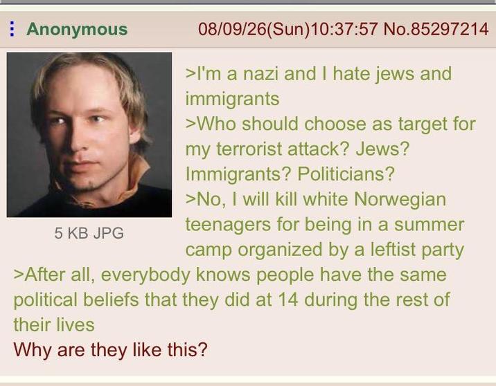 Anonymous 5 KB JPG 08/09/26(Sun)10:37:57 No.85297214 >I'm a nazi and I hate jews and immigrants >Who should choose as target for my terrorist attack? Jews? Immigrants? Politicians? >No, I will kill white Norwegian teenagers for being in a summer camp organized by a leftist party >After all, everybody knows people have the same political beliefs that they did at 14 during the rest of their lives Why are they like this?