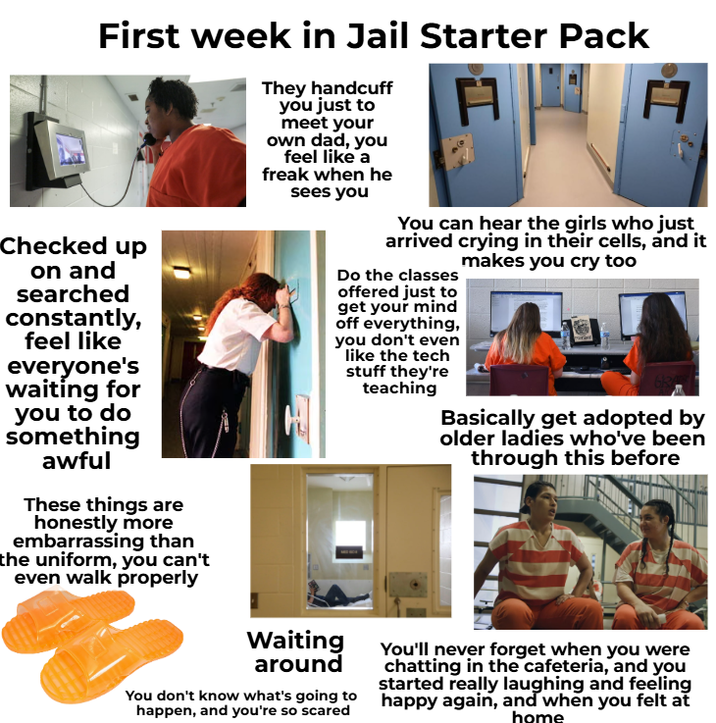 First week in Jail Starter Pack Checked up on and searched constantly, feel like everyone's waiting for you to do something awful These things are honestly more embarrassing than the uniform, you can't even walk properly They handcuff you just to meet your own dad, you feel like a freak when he sees you H F You can hear the girls who just arrived crying in their cells, and it makes you cry too Do the classes offered just to get your mind off everything, you don't even like the tech stuff they're teaching Basically get adopted by older ladies who've been through this before Waiting around You don't know what's going to happen, and you're so scared You'll never forget when you were chatting in the cafeteria, and you started really laughing and feeling happy again, and when you felt at home