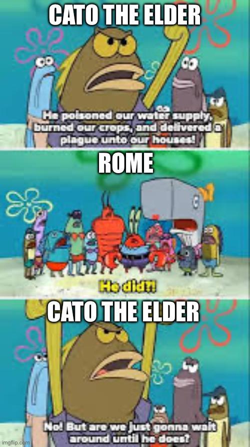 CATO THE ELDER CO He poisoned our water supply. burned our crops, and delivered plague unto our houses! ROME He didn! CATO THE ELDER imgflip.com No! But are we just gonna wait around until he does?