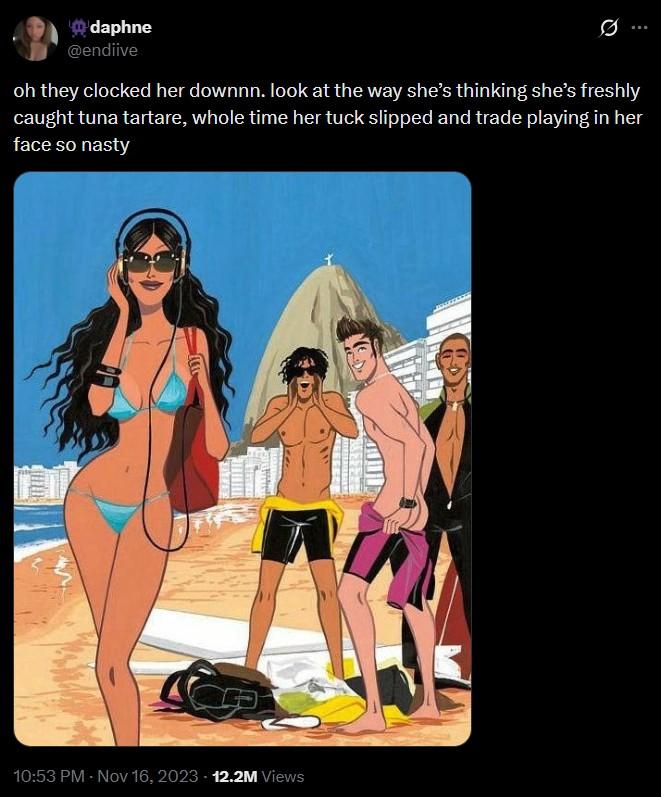 A viral tweet. It reads, "oh they clocked her downnn. look at the way she’s thinking she’s freshly caught tuna tartare, whole time her tuck slipped and trade playing in her face so nasty."