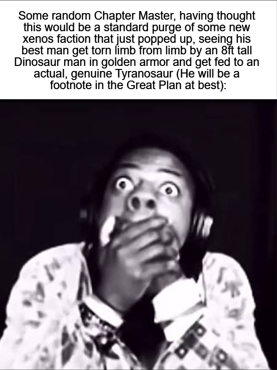 Some random Chapter Master, having thought this would be a standard purge of some new xenos faction that just popped up, seeing his best man get torn limb from limb by an 8ft tall Dinosaur man in golden armor and get fed to an actual, genuine Tyranosaur (He will be a footnote in the Great Plan at best):
