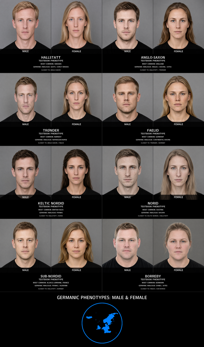 MALE MALE MALE MALE HALLSTATT TEXTBOOK PHENOTYPE MOST COMMON: SWEDEN GERMANIC ANALOGUE: GEATS / EARLY SWEDES CLOSEST TO: ANGLO-SAXON TRØNDER TEXTBOOK PHENOTYPE MOST COMMON: NORWAY GERMANIC ANALOGUE: NORWEGIAN NORSE CLOSEST TO: ANGLO-SAXON / FAELID KELTIC NORDID TEXTBOOK PHENOTYPE MOST COMMON: BRITISH ISLES GERMANIC ANALOGUE: FRANKS CLOSEST TO: HALLSTATT / NORID SUB-NORDID TEXTBOOK PHENOTYPE MOST COMMON: ALSACE-LORRAINE, FRANCE GERMANIC ANALOGUE: FRANKS / ALEMANNI CLOSEST TO: HALLSTATT / BORREBY FEMALE MALE FEMALE MALE FEMALE MALE FEMALE MALE ANGLO-SAXON TEXTBOOK PHENOTYPE MOST COMMON: ENGLAND GERMANIC ANALOGUE: ANGLES / SAXONS / JUTES CLOSEST TO: HALLSTATT / TRØNDER FAELID TEXTBOOK PHENOTYPE MOST COMMON: GERMANY GERMANIC ANALOGUE: CONTINENTAL SAXONS CLOSEST TO: TRØNDER / BORREBY NORID TEXTBOOK PHENOTYPE MOST COMMON: AUSTRIA GERMANIC ANALOGUE: BAVARII CLOSEST TO: KELTIC NORDID / HALLSTATT BORREBY TEXTBOOK PHENOTYPE MOST COMMON: DENMARK GERMANIC ANALOGUE: DANES / JUTES CLOSEST TO: FAELID / SUB-NORDID GERMANIC PHENOTYPES: MALE & FEMALE FEMALE FEMALE FEMALE FEMALE