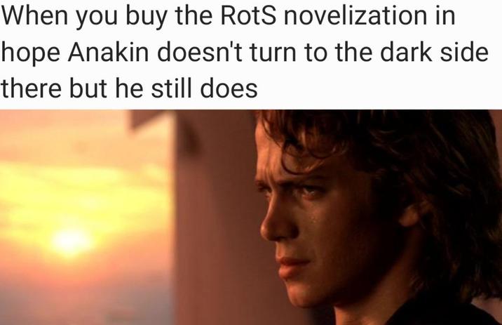 When you buy the RotS novelization in hope Anakin doesn't turn to the dark side there but he still does