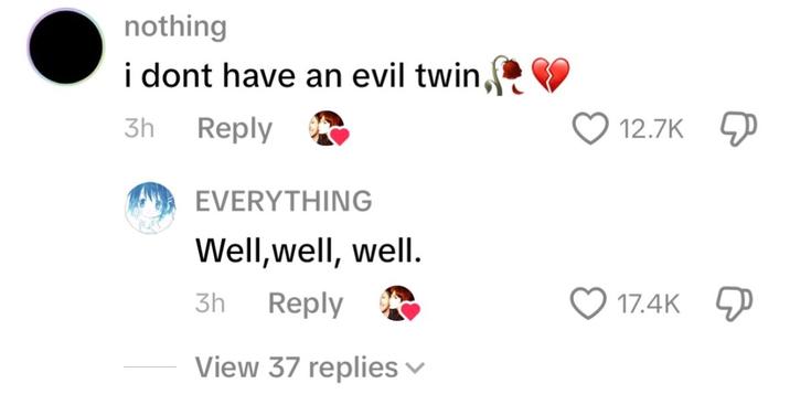 nothing i dont have an evil twin, 3h Reply EVERYTHING Well, well, well. 3h Reply View 37 replies ▾ 12.7K 17.4K