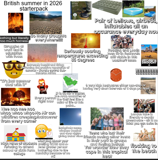 British summer in 2026 starterpack Nothing but literally too much hotness Struggles at work and in education with focus So many droughts everywhere!!!!! Pair of bellows, airbeds, inflatables all an occurance everyday nov- Seriously soaring temperatures exceeding 35 degrees Extremely humid and firing: defaming the positive reputation of summer-literally gentral Sub- Saharan Africa Reading and Leeds jeen für-in festievals still viable in this weather? hmm LONDON CEFICIALLY DECLARED IN DROUGHT "It's just summer deal with it" Every person right now Nee noo nee noo GCC 6 very high heatwaves either non-stop or having very short intervals of 3 days per heat It is so hot it makes the Arab countries of the Gulf feel like a saint of life at this point.. whoo whoo whoo No Air con wildfires creepingwhatsoever from every corner High rates of students refusing to attend school or sixth form college Exclusively sunny, windless weather and clear nights giving Dubai vibes Worrying about your stalling GCSE and A- level grades yet not bothering due to the humidity because of no AC London tube is literally a deadly greenhouse-air is so thick you can swim in Teens who lost their friends seeing other teens in their park in groups and feeling jealous Yet wonder how they flocking to cope in this tropical the beach heat