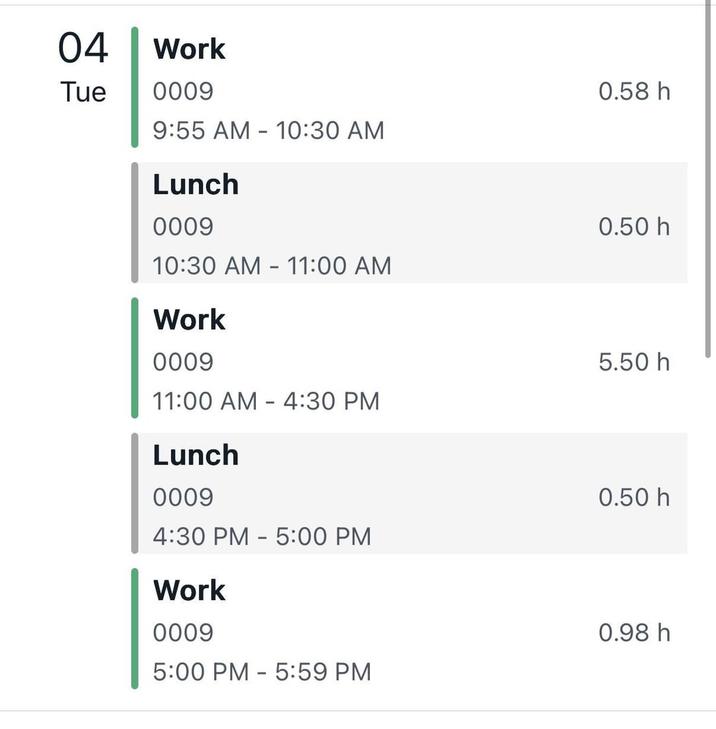 04 Work Tue 0009 9:55 AM 10:30 AM Lunch - 0.58 h 0009 0.50 h 10:30 AM 11:00 AM - Work 0009 5.50 h 11:00 AM - 4:30 PM Lunch 0009 0.50 h 4:30 PM 5:00 PM - Work 0009 0.98 h - 5:00 PM 5:59 PM