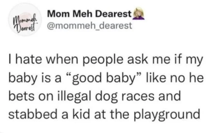 Mommefi Mom Meh Dearest Dearest @mommeh_dearest I hate when people ask me if my baby is a "good baby" like no he bets on illegal dog races and stabbed a kid at the playground