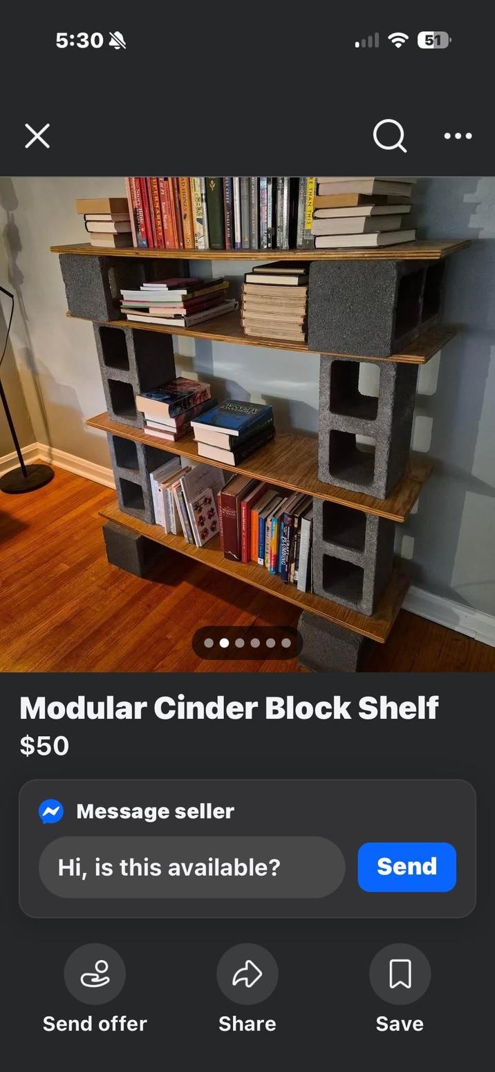 5:30 51 Story Bible Modular Cinder Block Shelf $50 Message seller Hi, is this available? Send Send offer Share Save