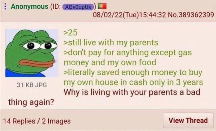 Anonymous (ID: AOVOupUk) 08/02/22(Tue)15:44:32 No.389362399 31 KB JPG thing again? >25 >still live with my parents >don't pay for anything except gas money and my own food >literally saved enough money to buy my own house in cash only in 3 years Why is living with your parents a bad 14 Replies/2 Images View Thread