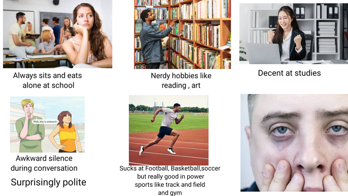 Always sits and eats alone at school Well, this is awkward. HEICHEN Nerdy hobbies like reading, art Decent at studies Awkward silence during conversation Surprisingly polite Sucks at Football, Basketball, soccer but really good in power sports like track and field and gym