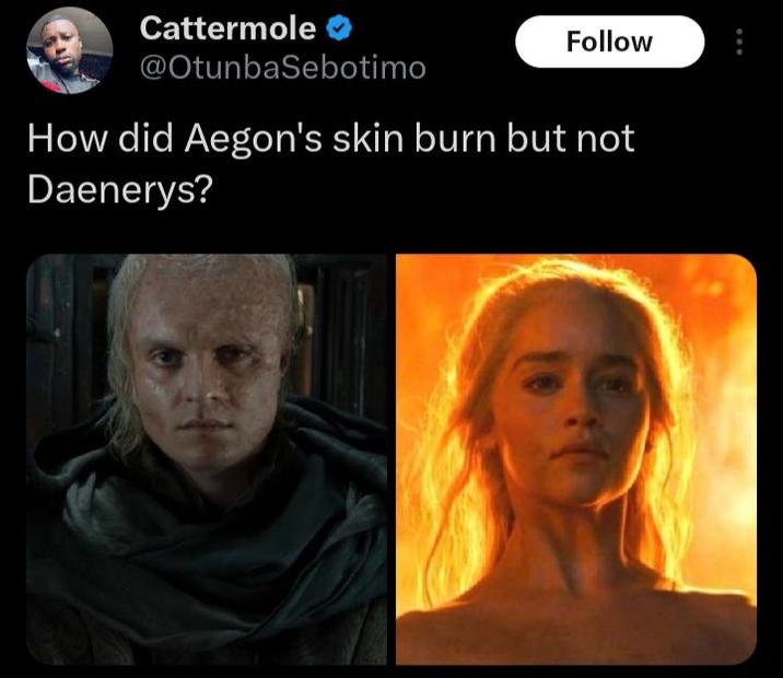 Cattermole @OtunbaSebotimo Follow How did Aegon's skin burn but not Daenerys?