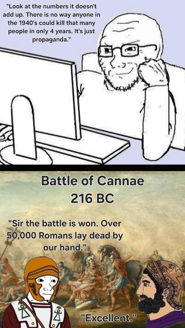 "Look at the numbers it doesn't add up. There is no way anyone in the 1940's could kill that many people in only 4 years. It's just propaganda." Battle of Cannae 216 BC "Sir the battle is won. Over 50,000 Romans lay dead by our hand." "Excellent."