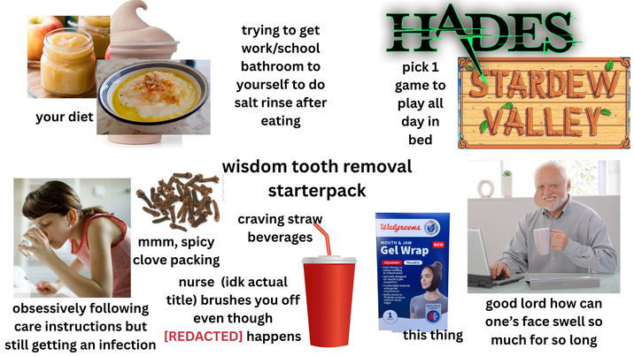trying to get work/school bathroom to pick 1 yourself to do game to HADES STARDEW your diet salt rinse after eating play all day in VALLEY bed wisdom tooth removal starterpack craving straw Walgreens mmm, spicy clove packing obsessively following care instructions but still getting an infection beverages nurse (idk actual title) brushes you off even though [REDACTED] happens MOUTH & JAW Gel Wrap Adjustable .Cold therapy to reduce swelling & inflammation Specially designed for mouth & jaw discomfort Reusable •Comfortable material with gentle compression Softly molds to fit facial contours without sharp edges 1 WRAP NEW HOT/COLD THERAPY good lord how can this thing one's face swell so much for so long