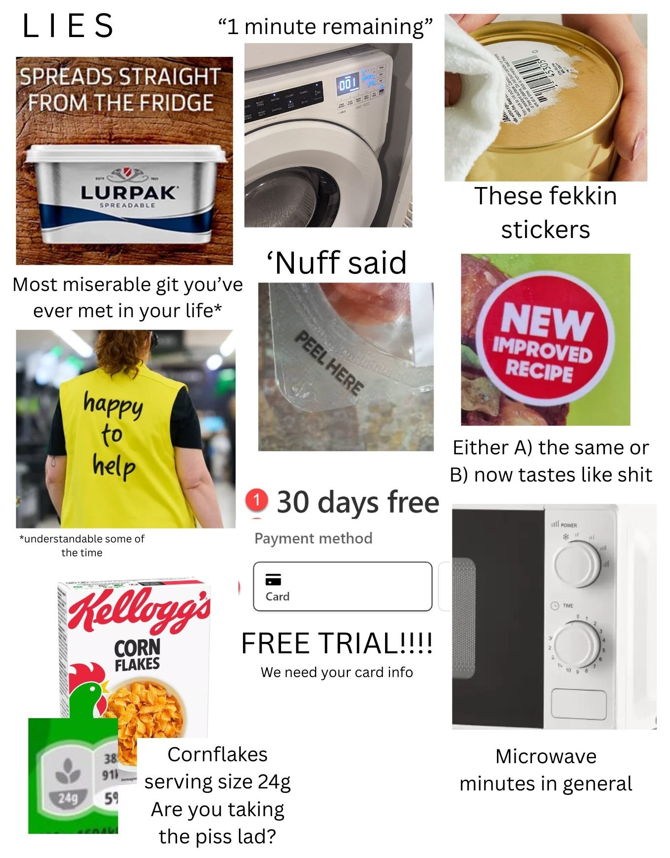 LIES SPREADS STRAIGHT FROM THE FRIDGE "1 minute remaining" 001 LURPAK SPREADABLE Most miserable git you've ever met in your life* 'Nuff said PEEL HERE These fekkin stickers NEW IMPROVED RECIPE happy to help *understandable some of the time 30 days free Payment method Kellogg's CORN FLAKES Card FREE TRIAL!!!! We need your card info 38 Cornflakes 91 serving size 24g 24g 59 Are you taking the piss lad? Either A) the same or B) now tastes like s--- Microwave minutes in general