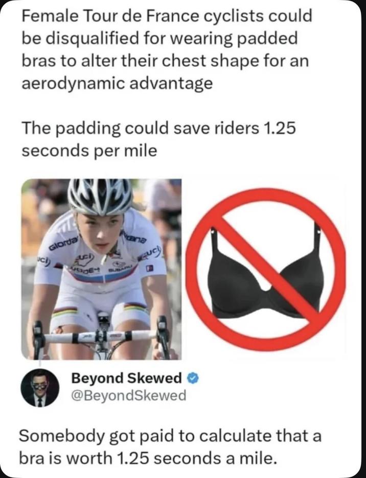 Female Tour de France cyclists could be disqualified for wearing padded bras to alter their chest shape for an aerodynamic advantage The padding could save riders 1.25 seconds per mile ci Glorda ana UC Beyond Skewed ❤ @BeyondSkewed Somebody got paid to calculate that a bra is worth 1.25 seconds a mile.