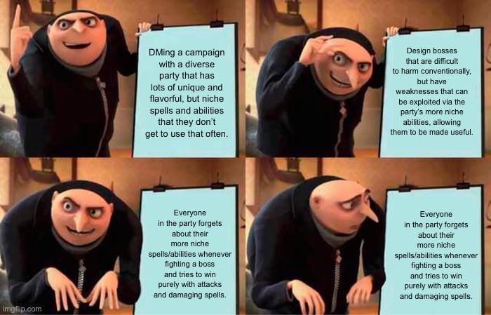 DMing a campaign with a diverse party that has lots of unique and flavorful, but niche spells and abilities that they don't get to use that often. Design bosses that are difficult to harm conventionally, but have weaknesses that can be exploited via the party's more niche abilities, allowing them to be made useful. imgflip.com MA Everyone in the party forgets about their more niche spells/abilities whenever fighting a boss and tries to win purely with attacks and damaging spells. Everyone in the party forgets about their more niche spells/abilities whenever fighting a boss and tries to win purely with attacks and damaging spells.