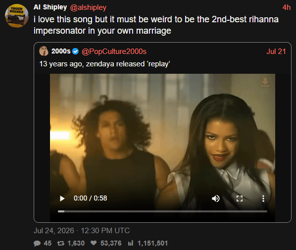 TOUCH BREAKS Al Shipley @alshipley i love this song but it must be weird to be the 2nd-best rihanna impersonator in your own marriage 2000s @PopCulture2000s 13 years ago, zendaya released 'replay' 0:00 / 0:58 Jul 24, 2026 - 12:30 PM UTC 45 7 1,630 53,376 1,151,501 4h Jul 21