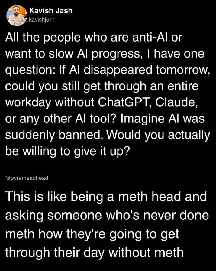 Kavish Jash kavishj611 All the people who are anti-Al or want to slow Al progress, I have one question: If Al disappeared tomorrow, could you still get through an entire workday without ChatGPT, Claude, or any other Al tool? Imagine Al was suddenly banned. Would you actually be willing to give it up? @pyrameadhead This is like being a meth head and asking someone who's never done meth how they're going to get through their day without meth