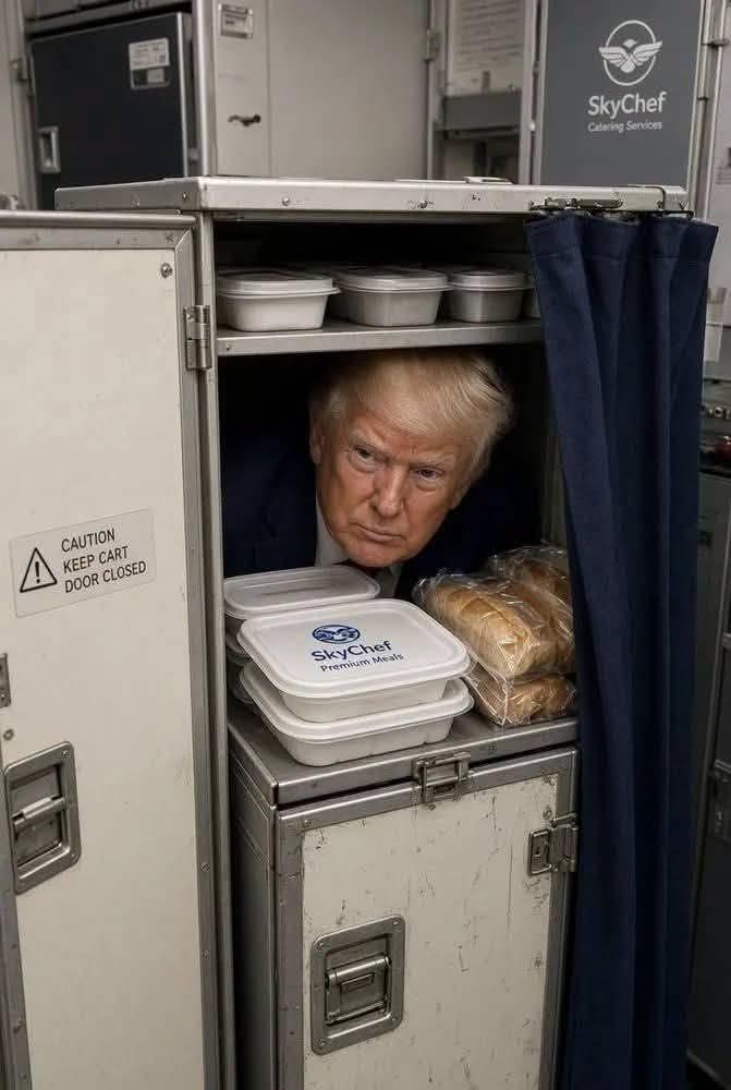 An image purportedly showing Trump hiding in a catering cart. The image has been deemed false.